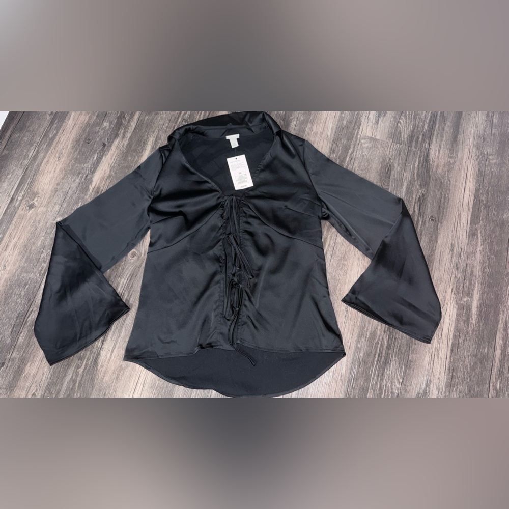 a new day Black Satin Tie-Front Blouse